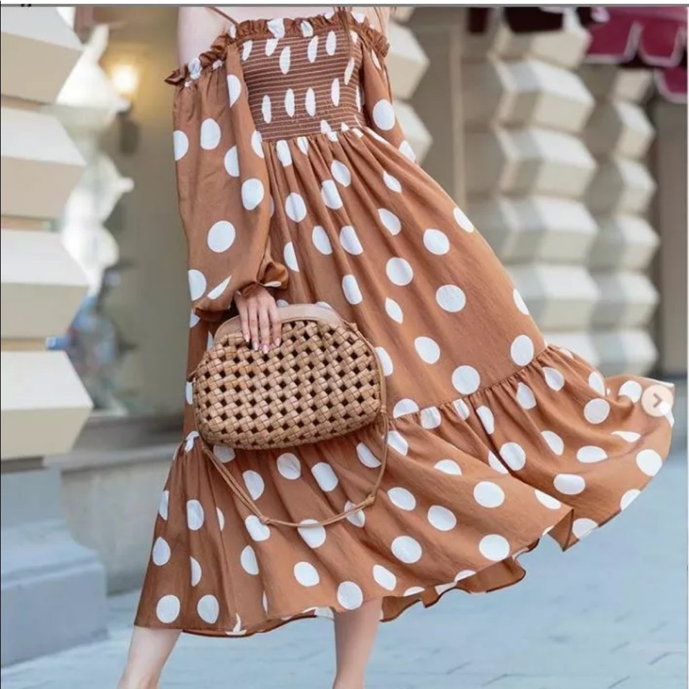 H&M  Brown Polka Dot off shoulder dress‎